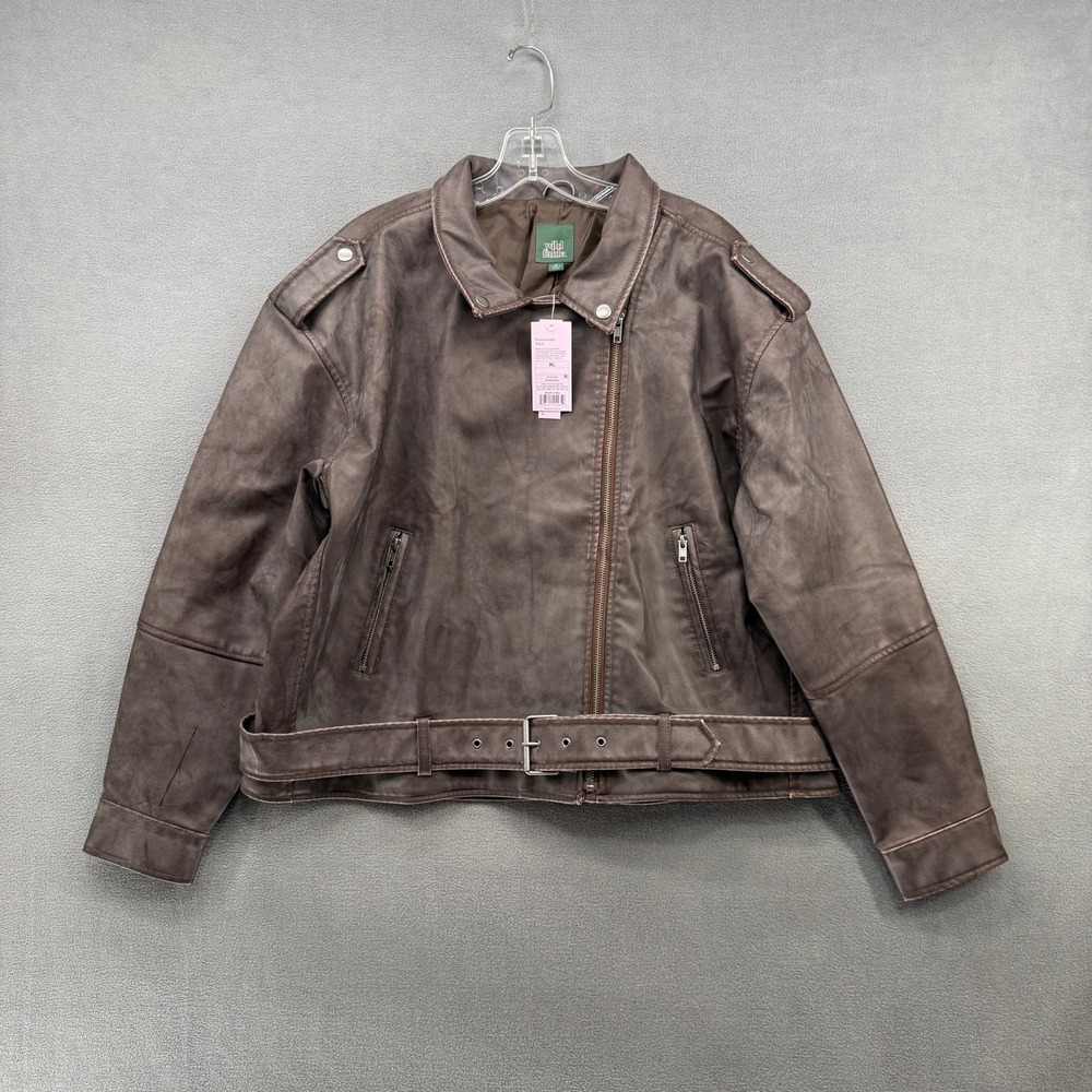 Wild Fable Brown Distressed Faux Leather Moto Jacket XL NWT Belted Biker